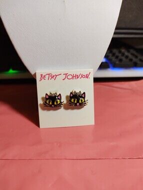 Betsey Johnson Black Cat Stud Earrings - Black & Pink